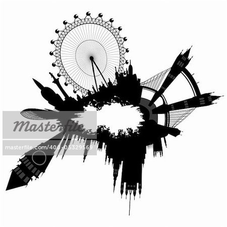 Illustration of the London skyline - Big Ben, London Eye, Tower Bridge, Westminster - in grunge style. This file is vector, can be scaled to any size without loss of quality.