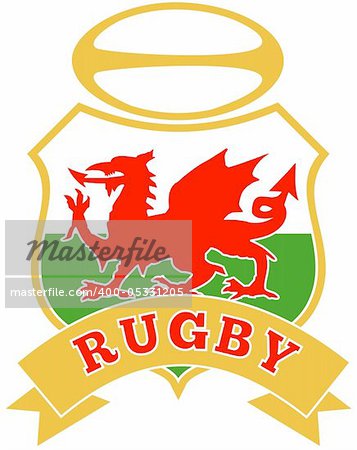 illustration of a red welsh wales dragon with rugby ball in shield on white background