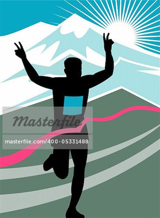 illustration of a silhouette of Marathon runner flashing victory hand sign done in retro style with mountains and sunburst and finish line ribbon tape