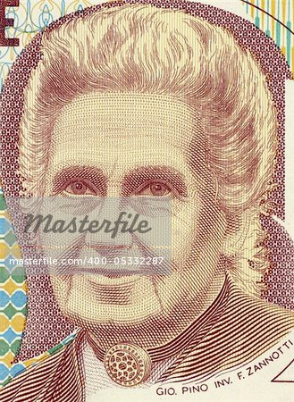 Maria Montessori (1870-1952) on 1000 Lire 1990 Banknote from Italy. Physician, educator, philosopher, humanitarian and devout Catholic, best known for her philosophy and the Montessori method of educating children.