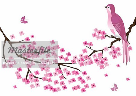 Vector illustration of floral branches with pink bird
