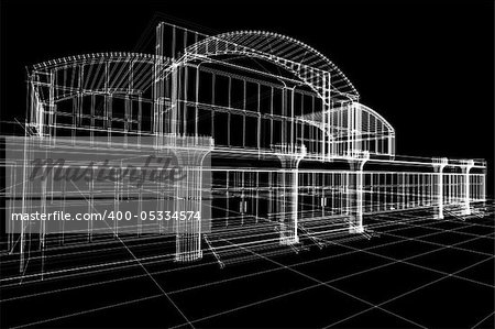 3D sketch of office building on black