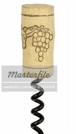 Wine cork on screw isolated in white