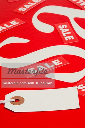 White tag on a red and white background