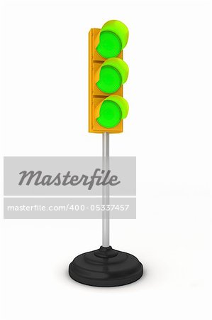 Toy traffic light over white background showing three green lights