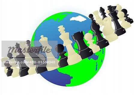 Abstract image of chess pieces rotating in orbit around the Earth.