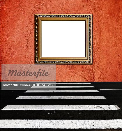 old  elegant golden frame on peach plaster rough background pedestrian crossing foreground