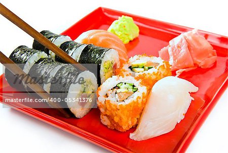 sushi with rice, raw fish and seafood