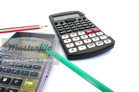 Calculators and pencils isolated on white background.