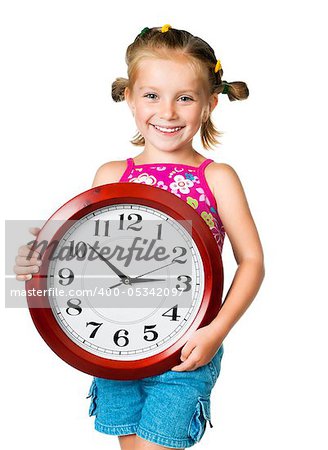 little pretty girl with red big clock