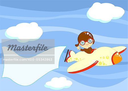 digital illustration about a cute aviator flying with his restro airplane