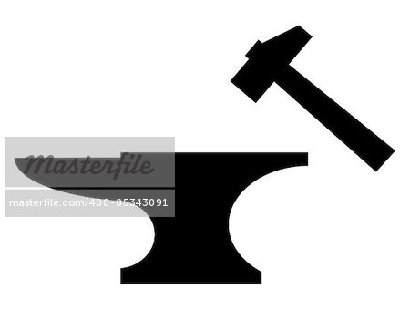 Anvil and mallet black silhouette illustration over white background.