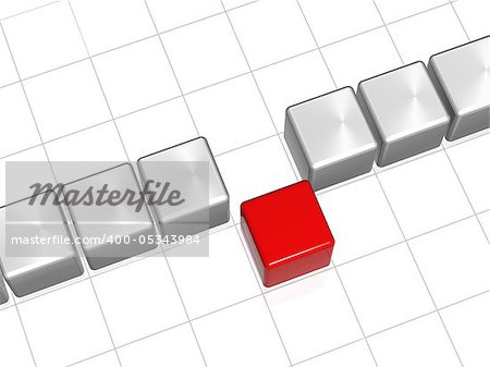 row of 3d white-grey cubes with one red in the middle