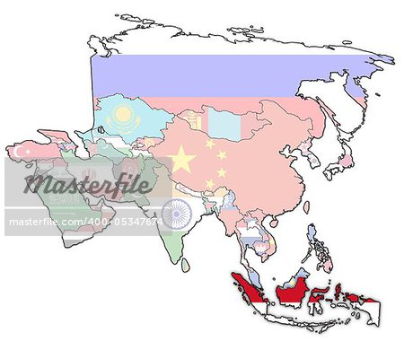 old political map of asia with flag of indonesia