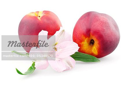 Two peaches and alstroemeria isolated on white background