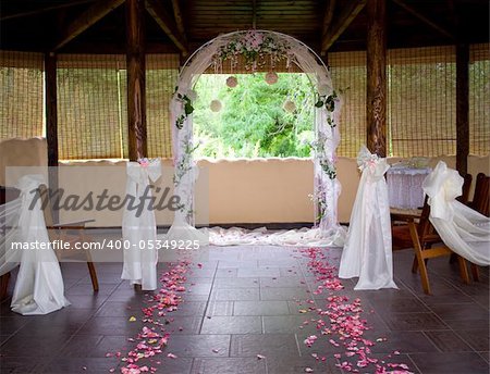 Rose petals line the bridal path leading to the wedding arch