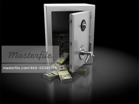 3d illustration of safe full of money, over dark background