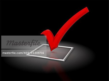 3d illustration of ckeckbox with red tick, over black background