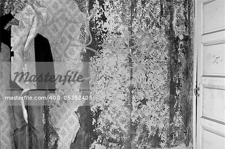 Figure obscured with torn wallpaper in abandoned interior. Black and white.