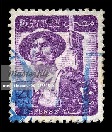 EGYPT - CIRCA 1972. Vintage canceled postage stamp with Egyptian soldier illustration, circa 1972.
