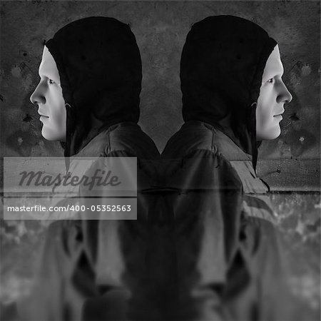 Twin figures against grungy wall background. 3d illustration and photo composite.