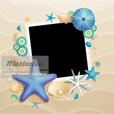 Pictures, shells and starfishes on sand background. Vector illustration.