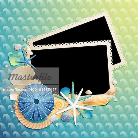 Pictures, shells and starfishes on wave pattern. Vector illustration.