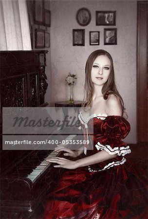 Portrait of blond woman in red dress