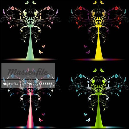 Colorful art trees collection on black background