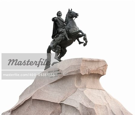 Monument of Russian emperor Peter the Great, known as "The Bronze Horseman", Saint-Petersburg, Russia. Isolated on white.