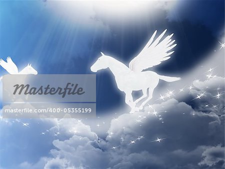 Illustration with two flying pegasus