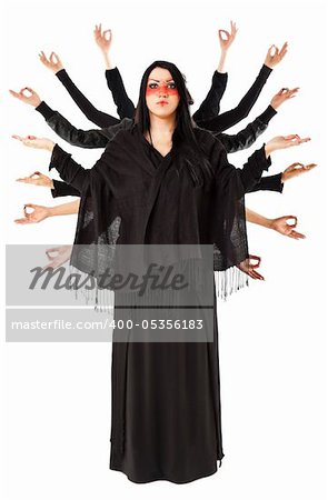 Young Shiva woman meditating with multitude of hands, isolated on white