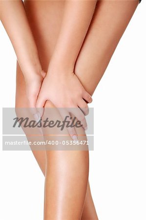 Young woman heaving leg injury isolated on white