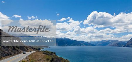 View of the southern alps and lake Hawea in New Zealand