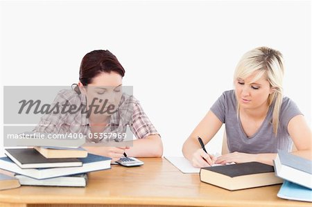 Two cute female students doing homework