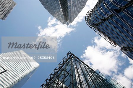 Office skyscrapers in Canary Wharf. Canary Wharf is the main financial district at London