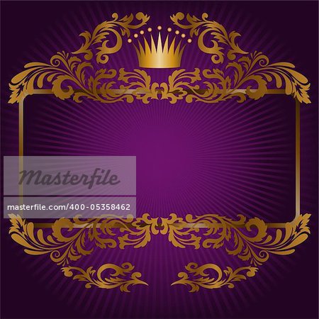 great frame of gold ornaments and a crown on a purple background