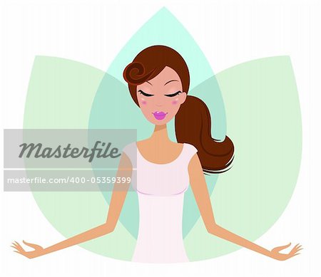 Yoga Woman practicing yoga, green Lotus Flower behind the girl. Vector Illustration.