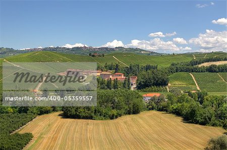 View on beautiful hills and vineyards of Langhe area in Piedmont, Italy.