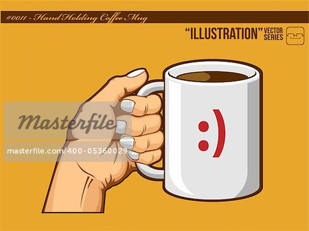 An isolated vector of a hand holding a mug of coffee. Good for many application, especially for logo of coffee cafe or such.  Available as a Vector in EPS8 format that can be scaled to any size without loss of quality. The graphics elements are all can easily be moved or edited individually.