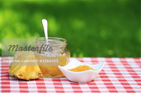 Jar of pineapple jam on the table in the summer garden
