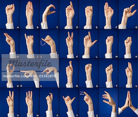 Finger spelling of alphabet in sign language, on blue background Finger spelling of alphabet in sign language, on blue background