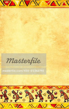 Dancing musician. Grunge background with African traditional patterns