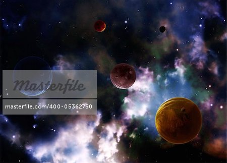 A beautiful space scene with planets and nebula