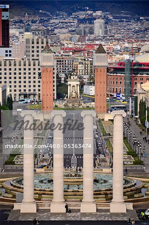 Photo of four columns and Plaza de Espana, view from National Art Museum in Barcelona