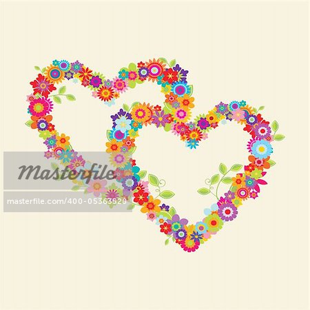 Two hearts joined together with leaves and flowers on a creme (editable) background