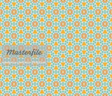 Geometrical vector pattern (seamless) with stars and flowers in orange, yellow, brown, green