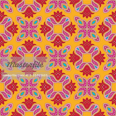 Cheerful, seamless and colorful floral pattern with dots on a bright orange background