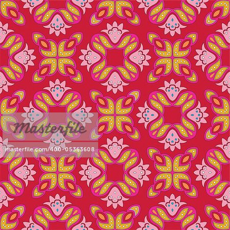 Cheerful, seamless and colorful floral pattern with dots on a bright red background