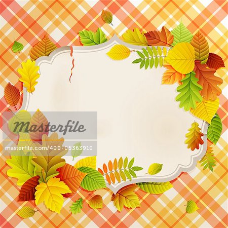 Autumn vintage greeting card with colorful leaves and place for text. Vector illustration.